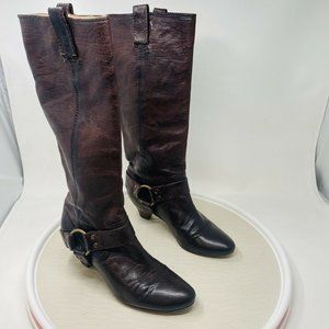 Frye Steffi Harness Boots 7 Tall Brown Leather Knee High Dress Women Kitten Heel